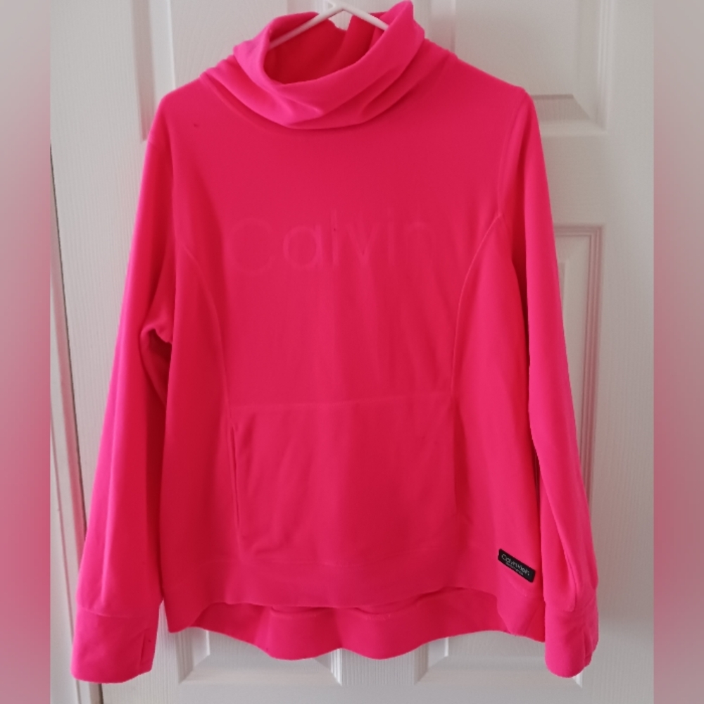 New Calvin Klein Performance Neon Pink Loose Turtleneck Kangaroo Pocket Top